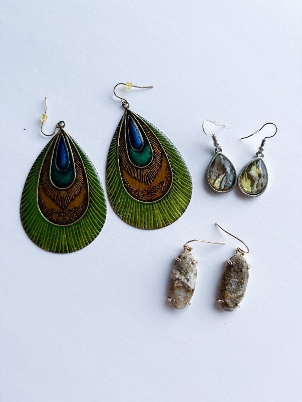 Boho Statement Earrings Bundle | 3 Pairs | Stone, Teardrop & Feather Drops
